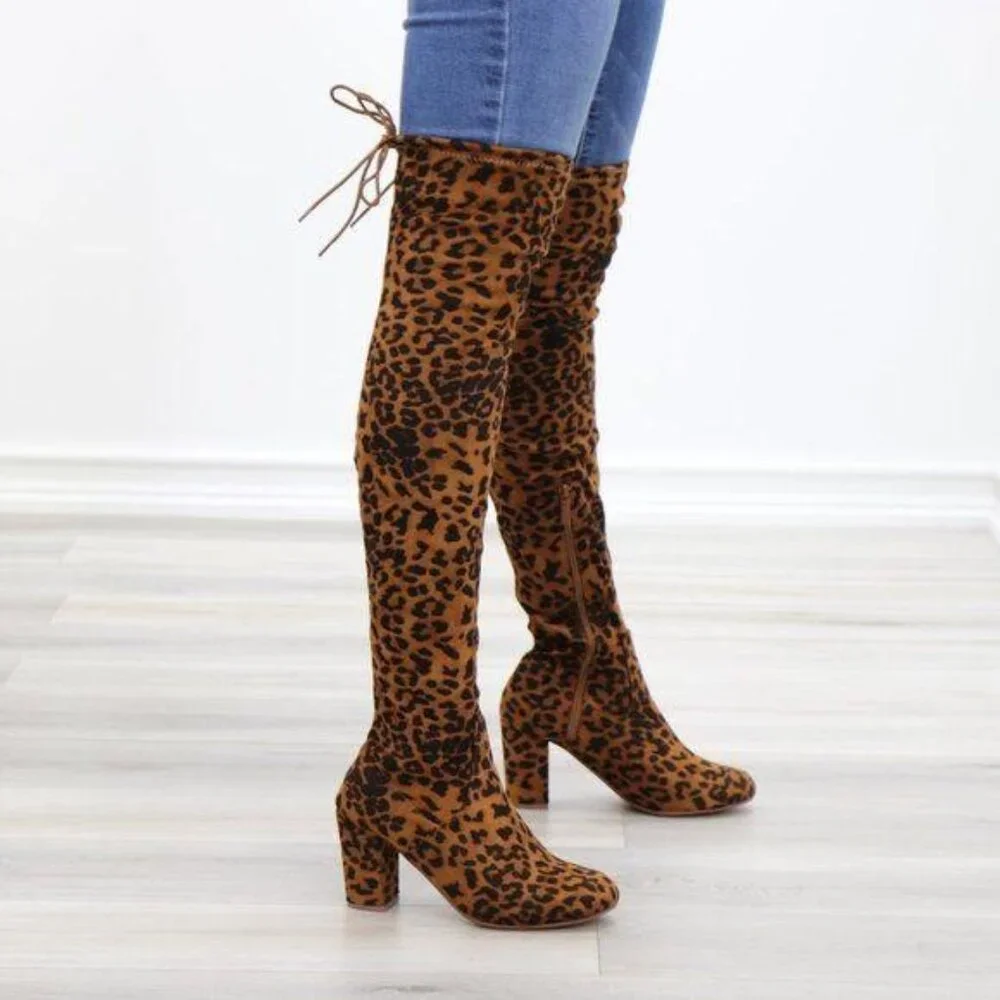 Suede Leopard Thigh High Heeled Boots